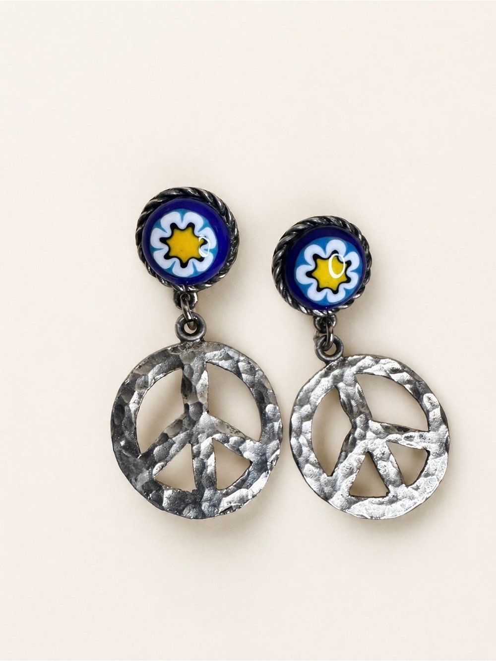 Vintage YOSCA Gerard Yosca Millefiori Glass Peace Sign Statement Earrings